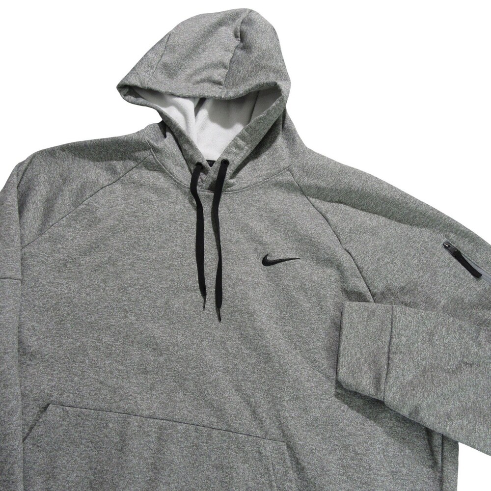 Nike Mens Hoodie Sweater 2XL Gray Stretch 100% Polyester Hood Pocket Therma Fit